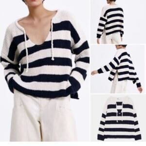 Zara Chunky Knit Sweater Drawstring Rope Stripe Beachy Coastal Nautical